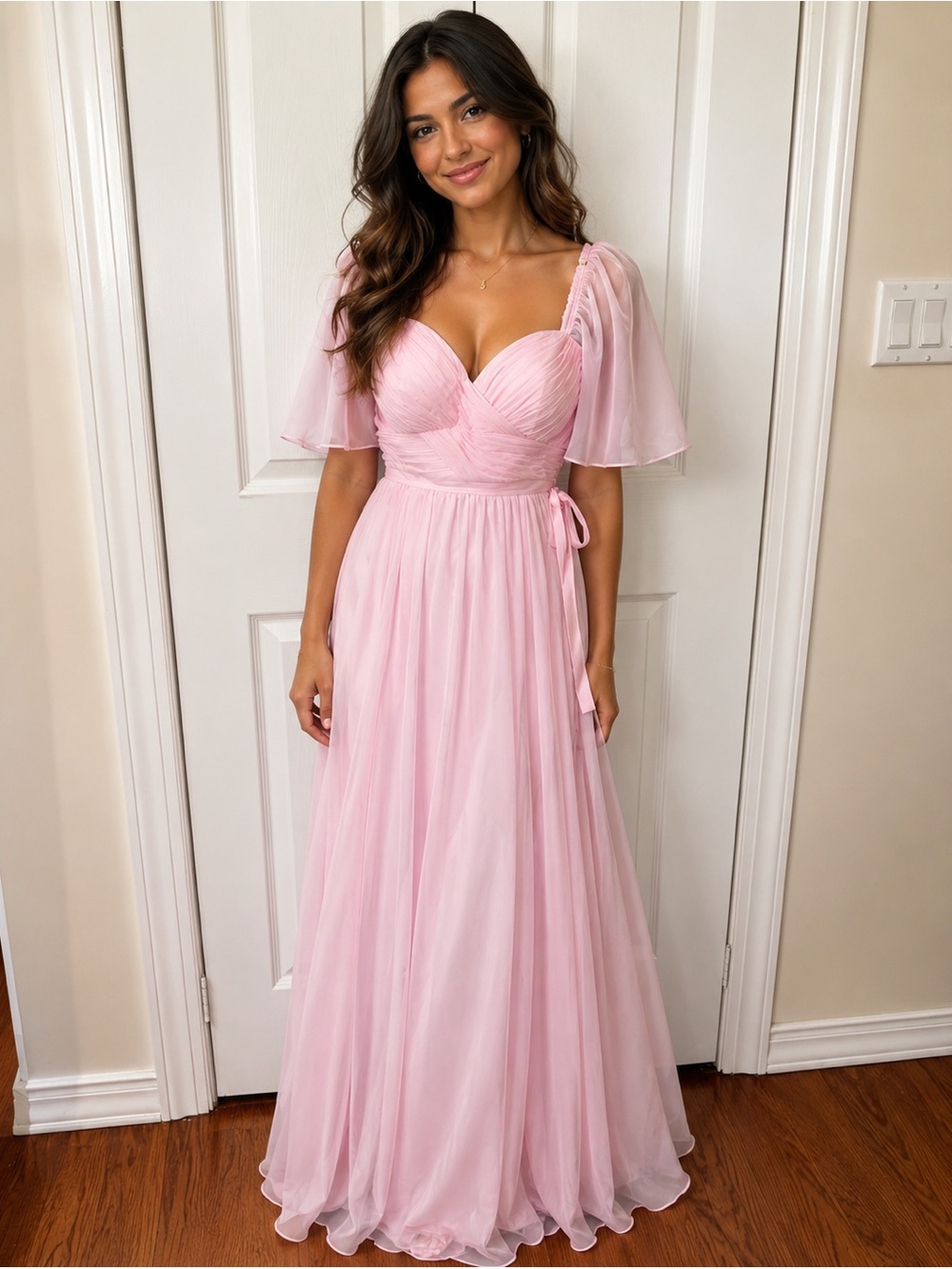 Elegant Pink Chiffon Maxi Dress with Puff Sleeves